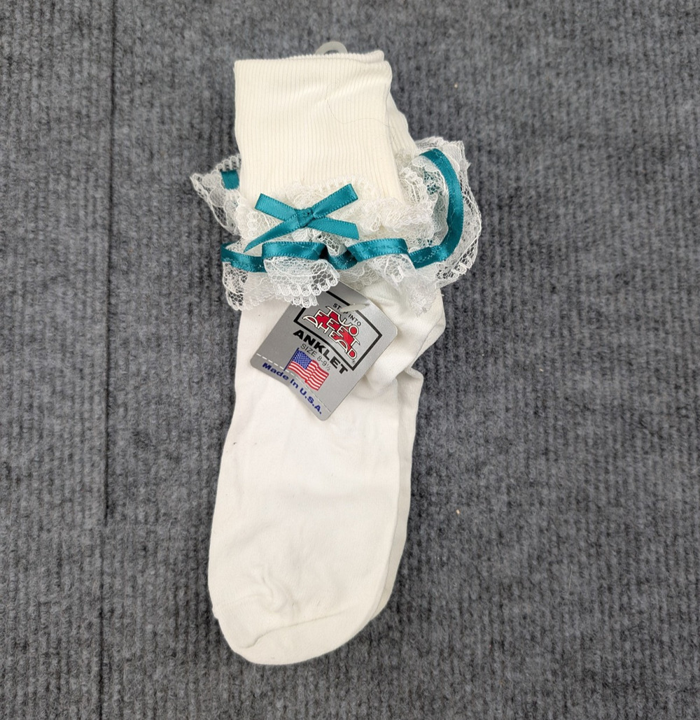 Vintage Nylon Socks Womens 8-9.5 Coquette Cream Teal Frilly Church Event Y2K 90s